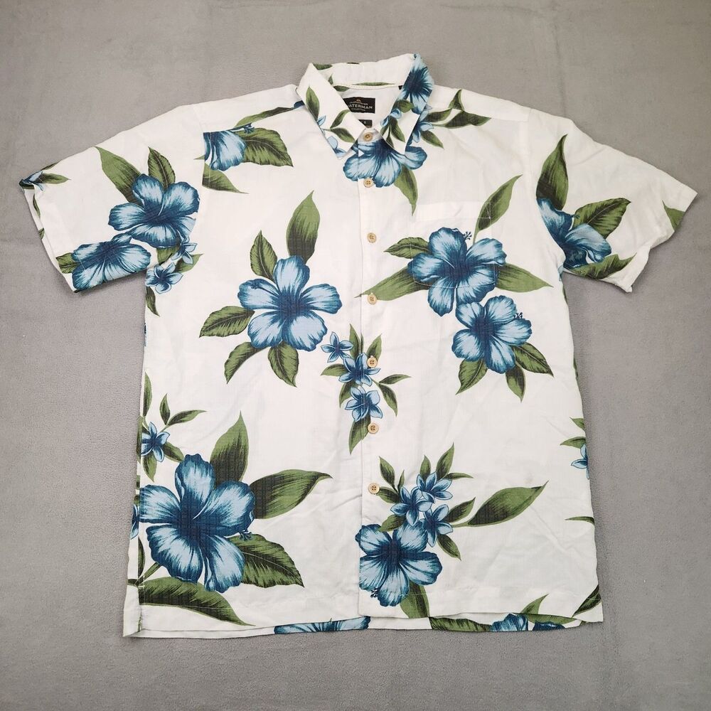 Quicksilver Waterman Shirt Men's L White Floral Hawaiian Comfort Fit Button Up